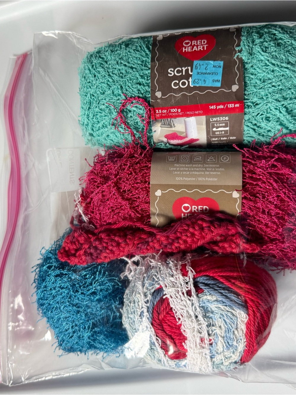 Red Heart Scrubby Cotton Yarn Bundle in Teal, Fuchsia, Blue and Red